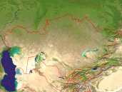 Kazakhstan Satellite + Borders 1600x1200
